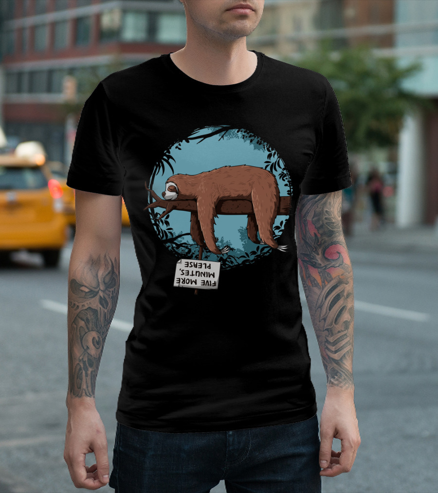 Sloth Sleeping On Branch Holding Upside Down Sign Saying Five More Minutes Please T-Shirt