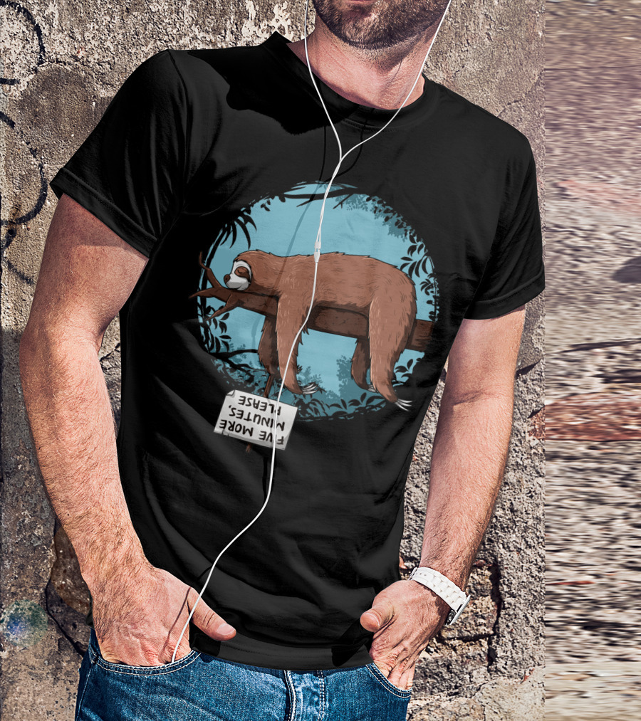Sloth Sleeping On Branch Holding Upside Down Sign Saying Five More Minutes Please T-Shirt