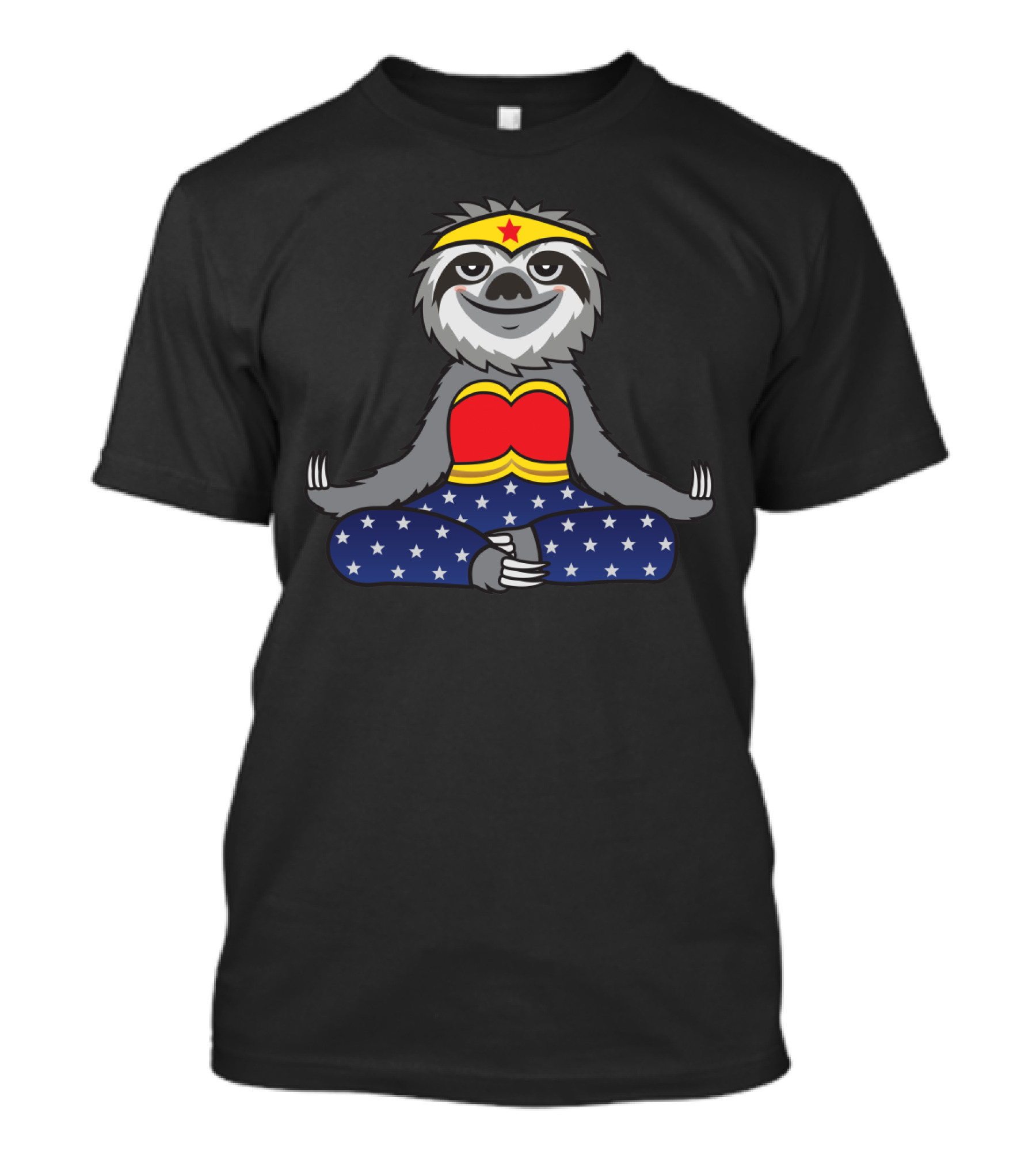 Wonder Sloth Yoga Meditation In Heroic Costume Featuring Starry Leggings And Golden Tiara T-Shirt
