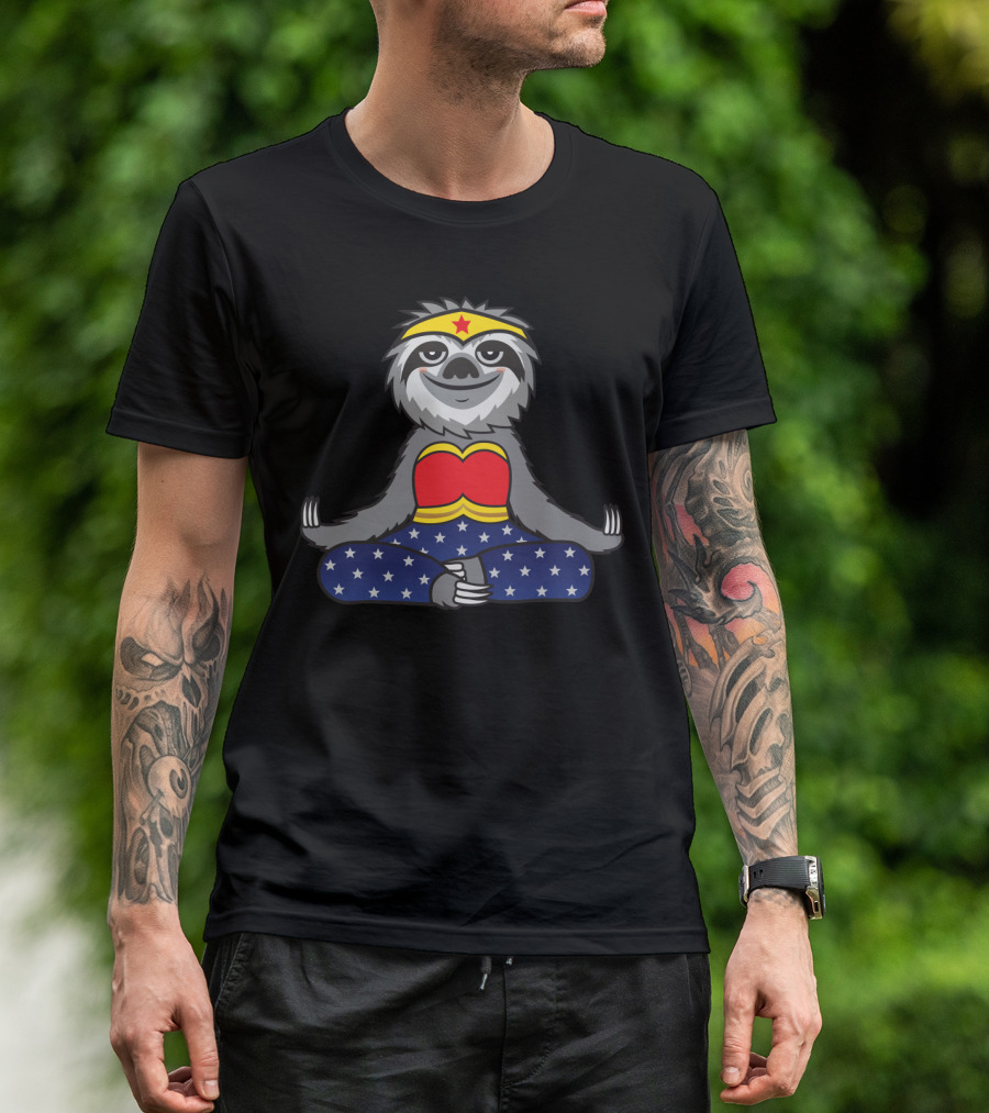 Wonder Sloth Yoga Meditation In Heroic Costume Featuring Starry Leggings And Golden Tiara T-Shirt