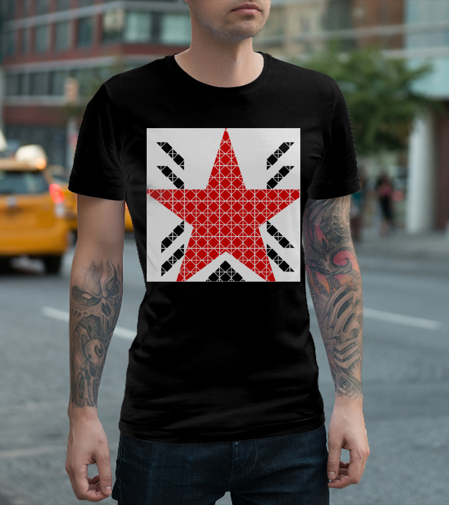 Red Geometric Star with Black Arrow Pattern Grid T-Shirt