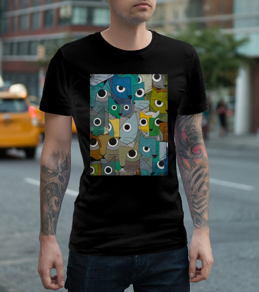 Cubicats Remix Abstract Geometric Cat Faces Pattern Multicolor T-Shirt