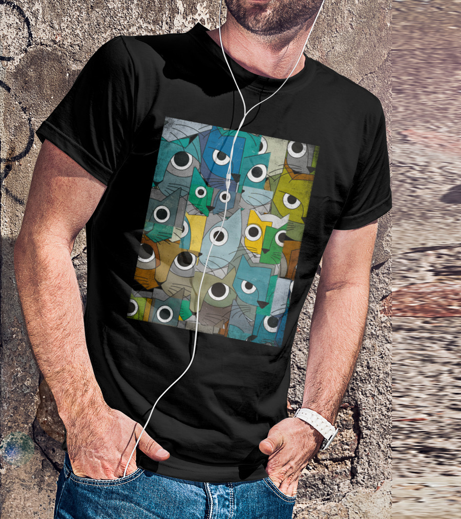 Cubicats Remix Abstract Geometric Cat Faces Pattern Multicolor T-Shirt
