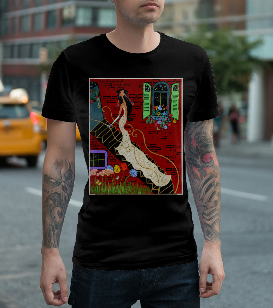 Elegant Evening in Paris: Woman in White Gown Ascending Staircase Amidst Vibrant Flowers and Red Brick Building T-Shirt