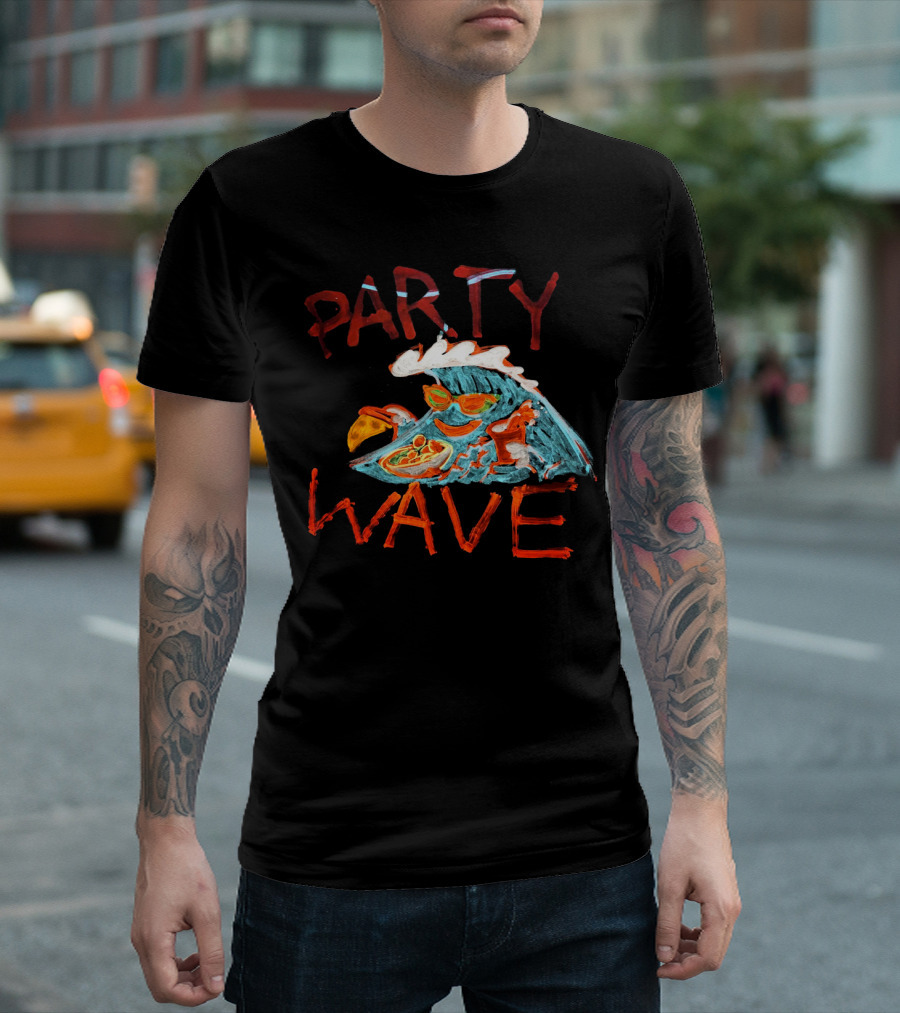 Party Wave Surfing Fun Wave with Sunglasses Pizza and Drink T-Shirt
