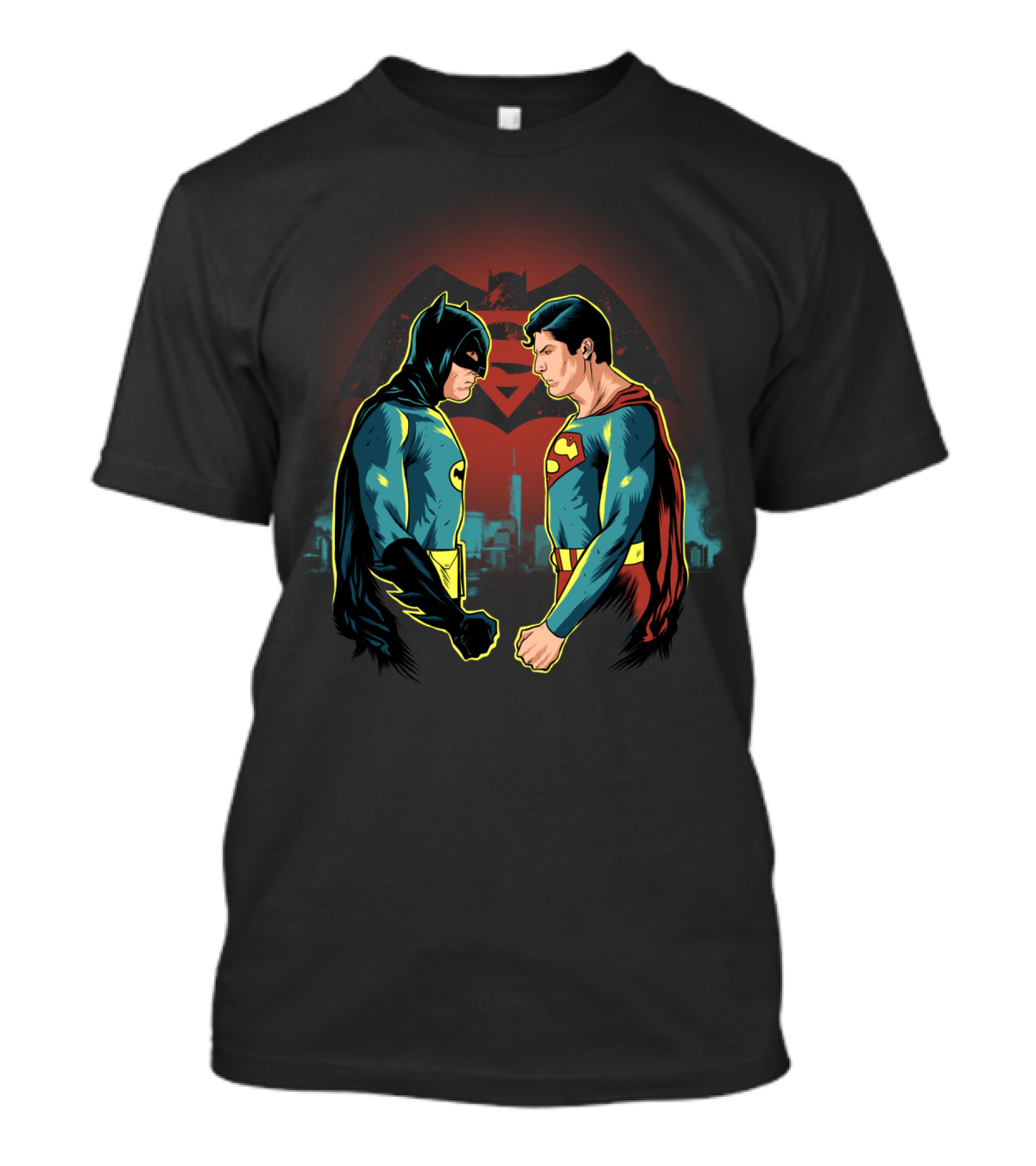 Batman Adam West Vs Superman Christopher Reeve Iconic Showdown With Gotham And Metropolis Skyline T-Shirt