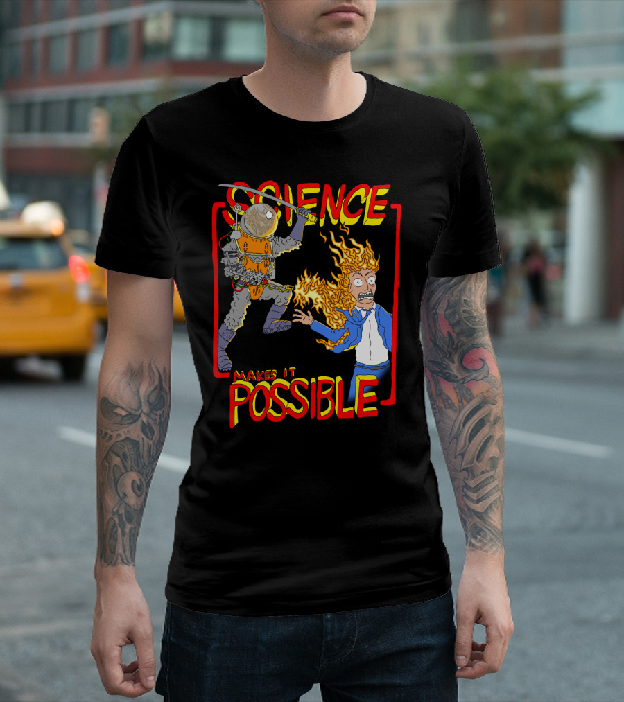 Science Makes It Possible Flaming Scientist and Robotic Samurai Battle T-Shirt