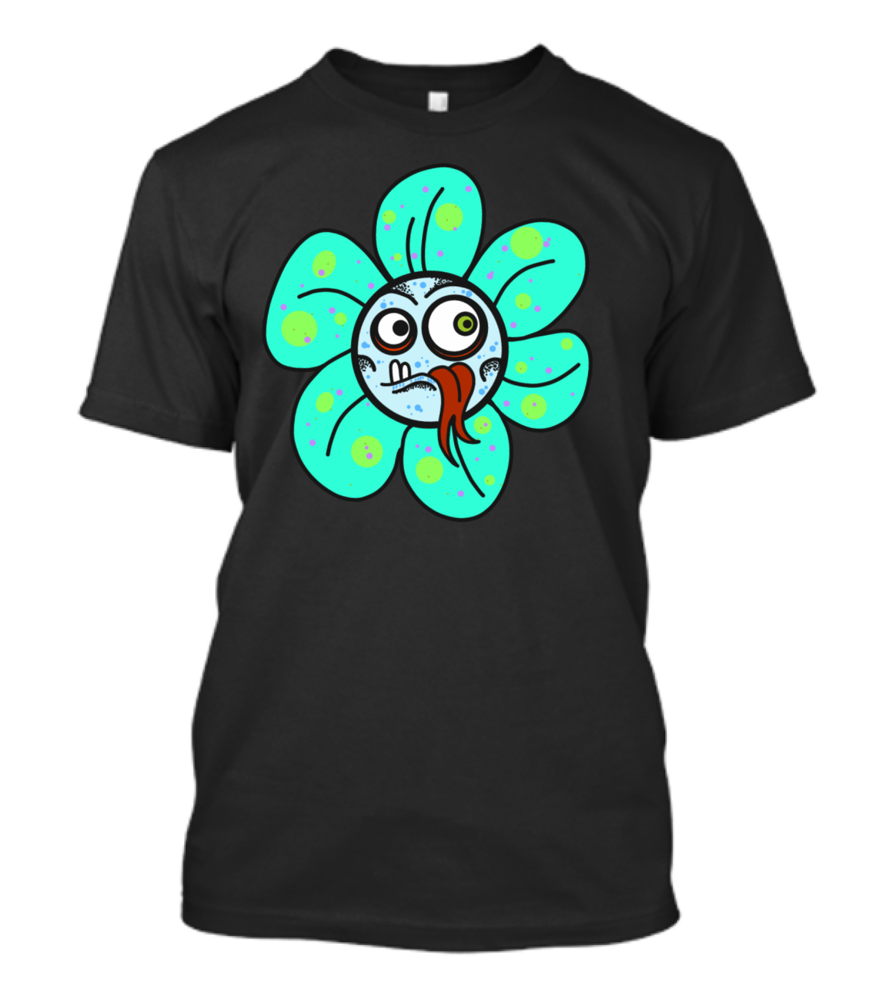 Stupid Flowers Cartoon Face With Silly Expression And Blue Green Petals T-Shirt
