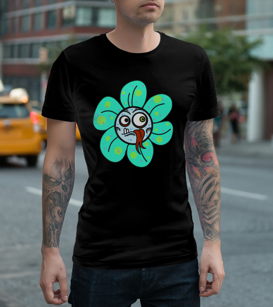 Stupid Flowers Cartoon Face With Silly Expression And Blue Green Petals T-Shirt