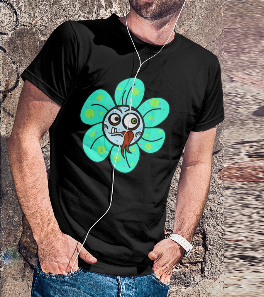 Stupid Flowers Cartoon Face With Silly Expression And Blue Green Petals T-Shirt