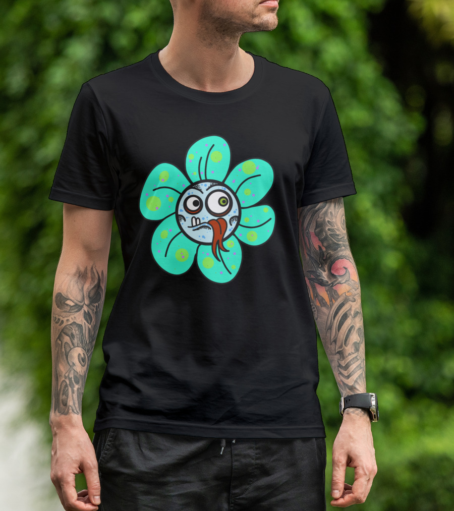 Stupid Flowers Cartoon Face With Silly Expression And Blue Green Petals T-Shirt