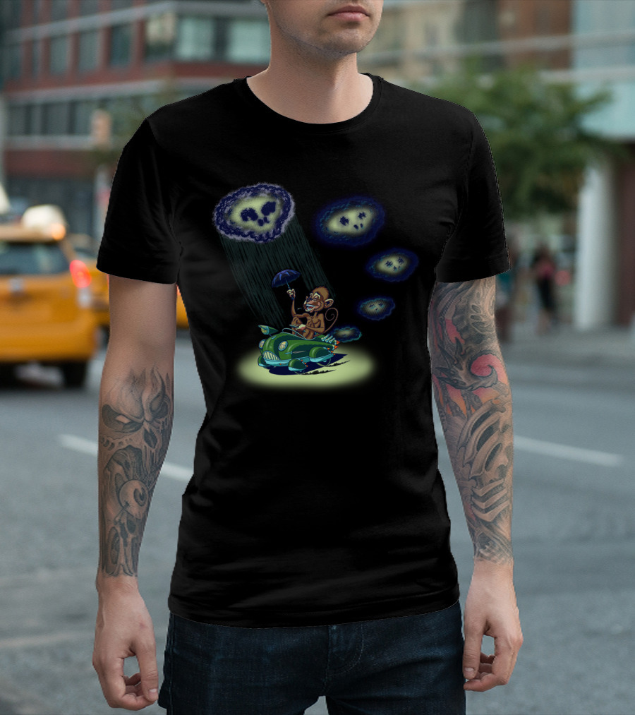 Smiling Monkey in Car Under Skull Clouds with Umbrella Rain and Mysterious Smoke T-Shirt