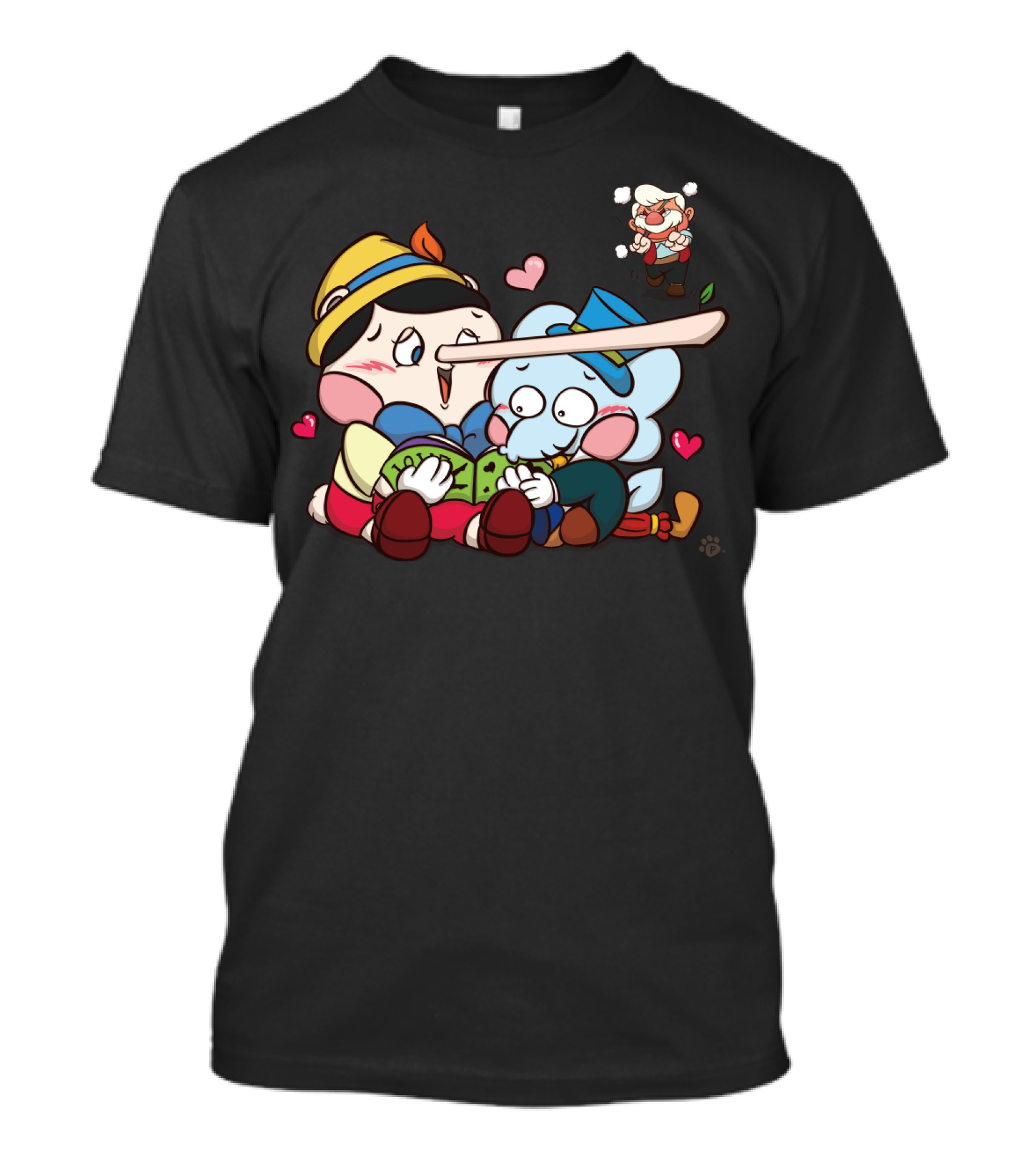 Pinocchio Long Nose Reading Adventure With Blue Character And Angered Bearded Man T-Shirt