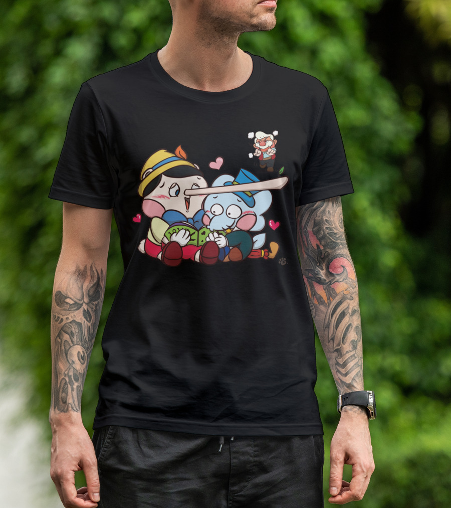 Pinocchio Long Nose Reading Adventure With Blue Character And Angered Bearded Man T-Shirt