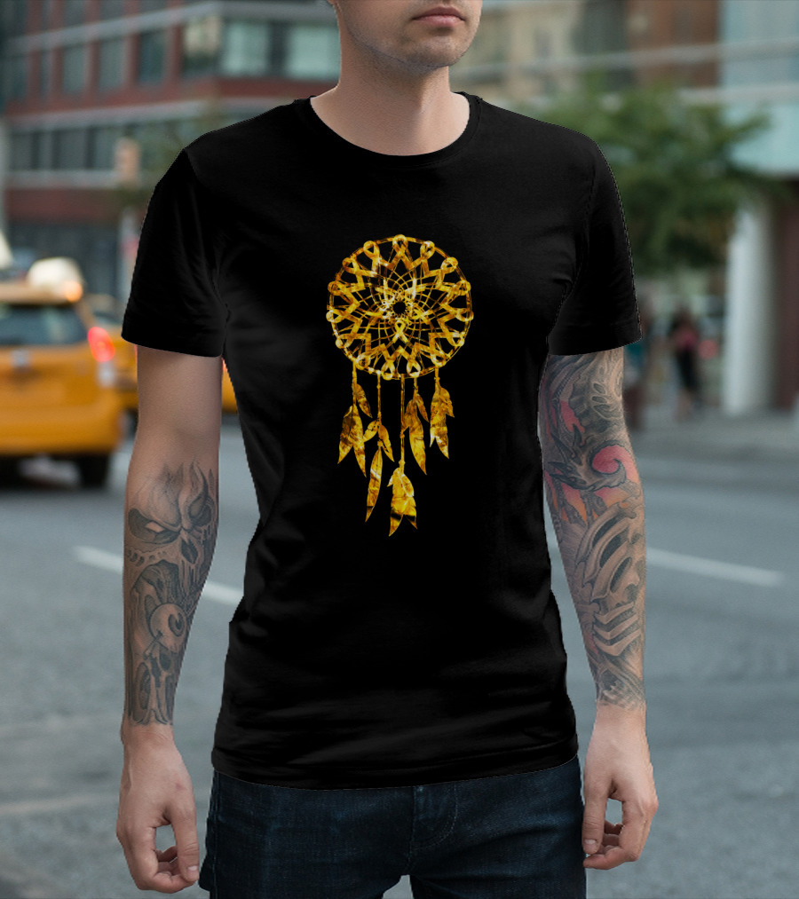 Golden Dream Catcher Web With Shimmering Feathers T-Shirt