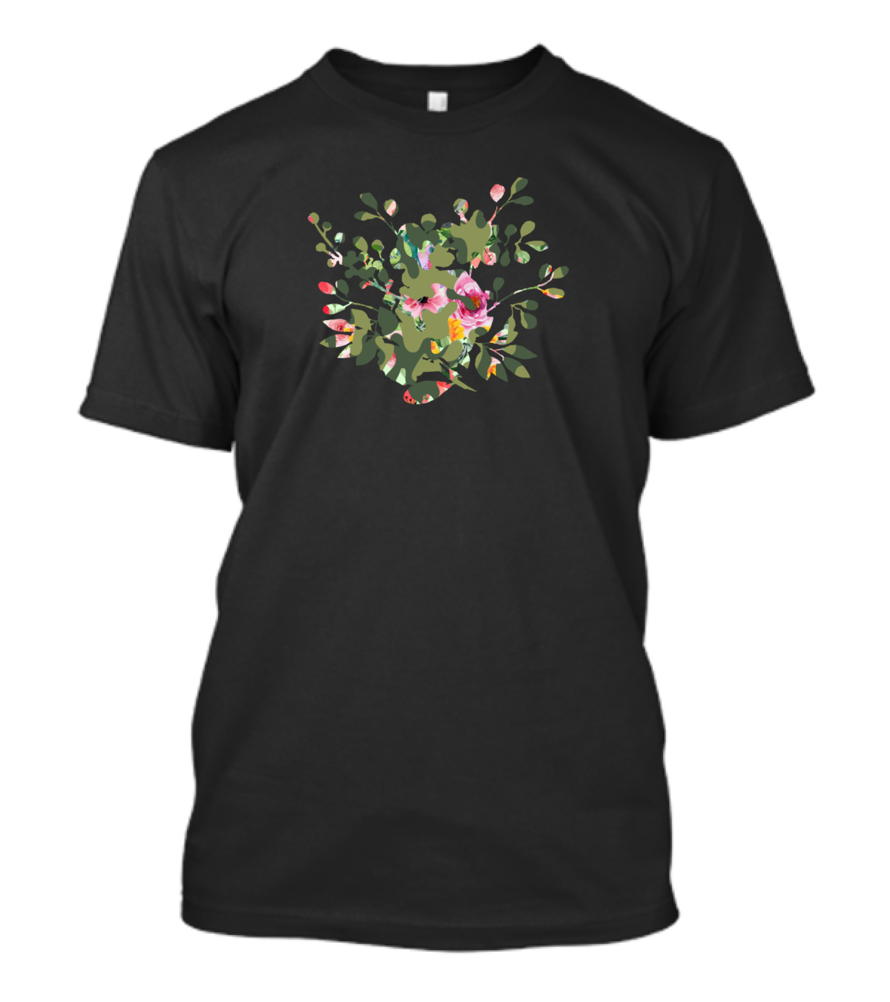 Floral Camouflage Green Leaves And Pink Roses T-Shirt