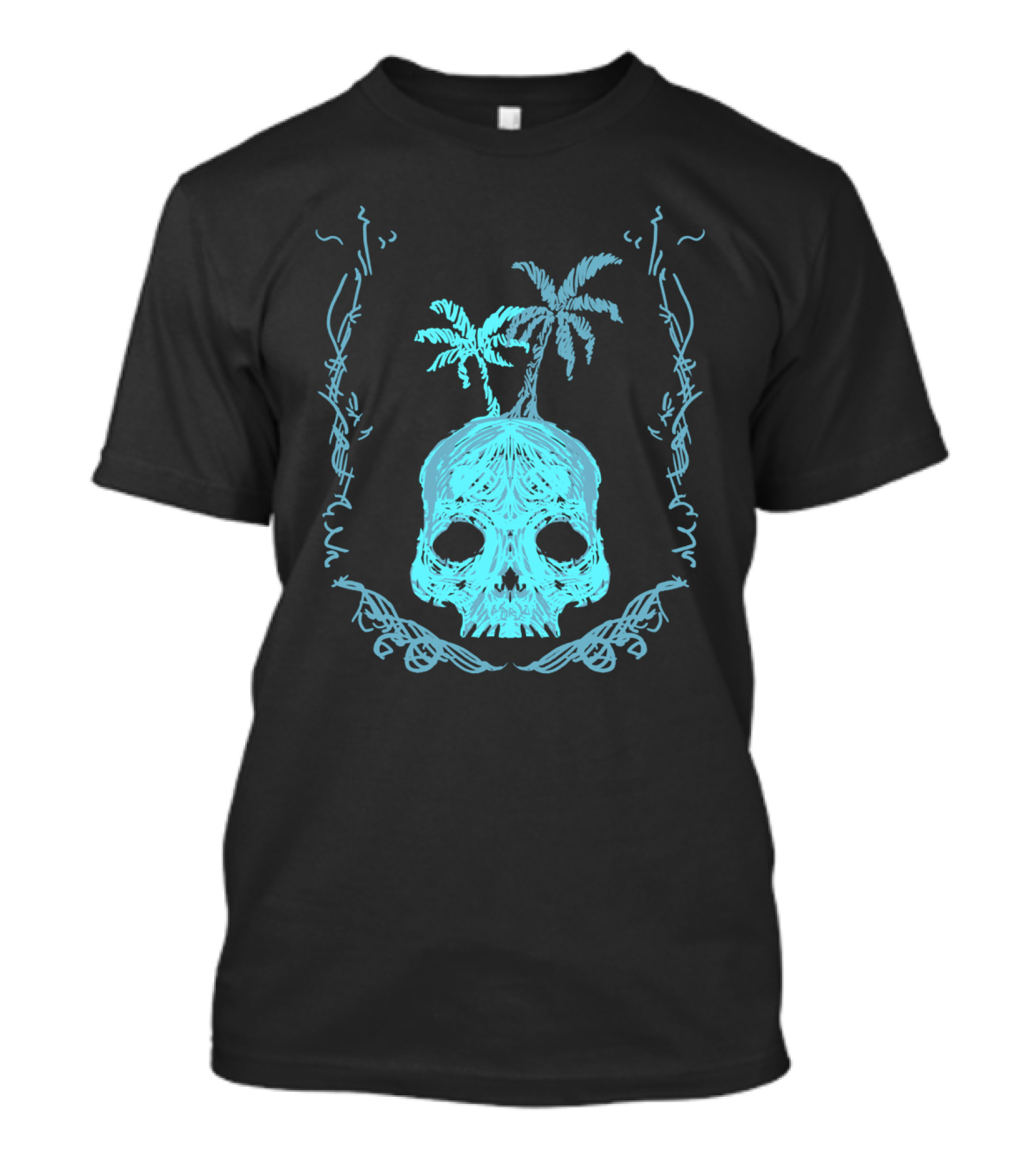 Skull Island Tropical Palm Trees Illustration In Blue And Black T-Shirt