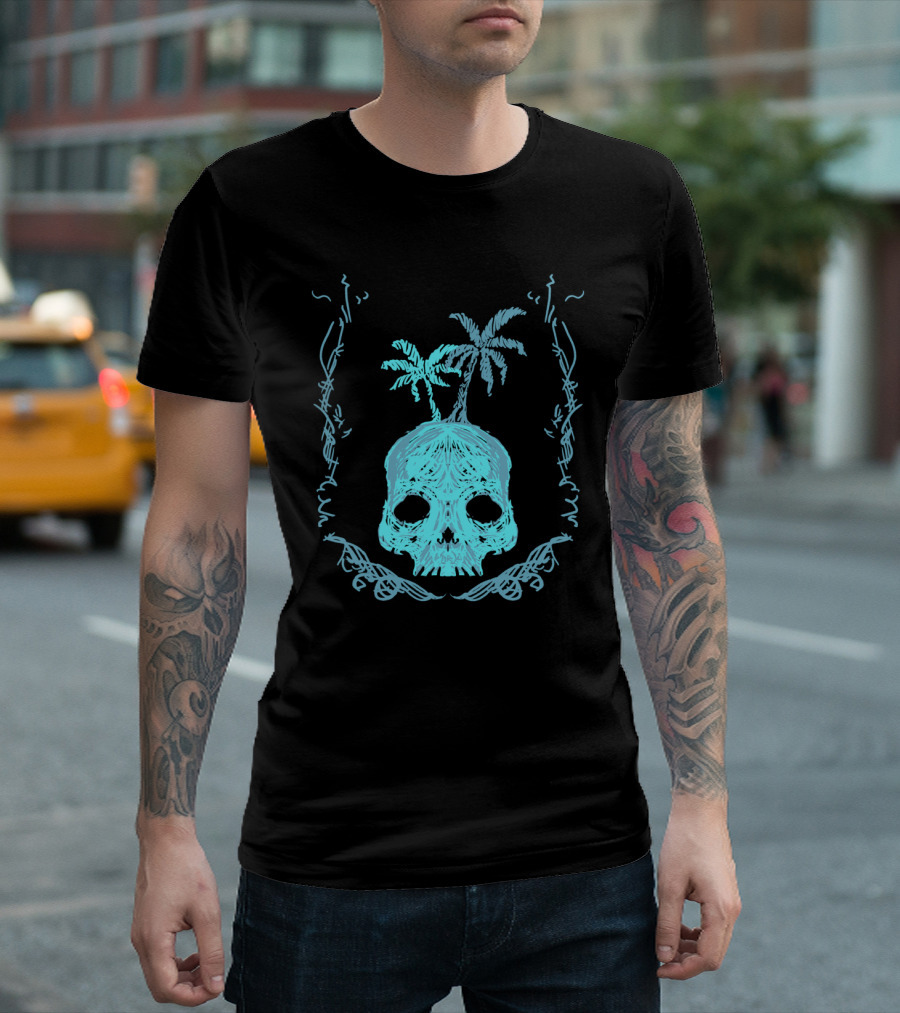 Skull Island Tropical Palm Trees Illustration In Blue And Black T-Shirt