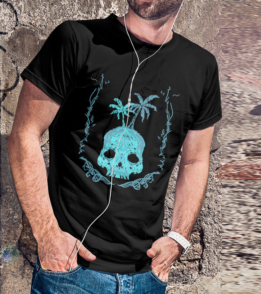 Skull Island Tropical Palm Trees Illustration In Blue And Black T-Shirt