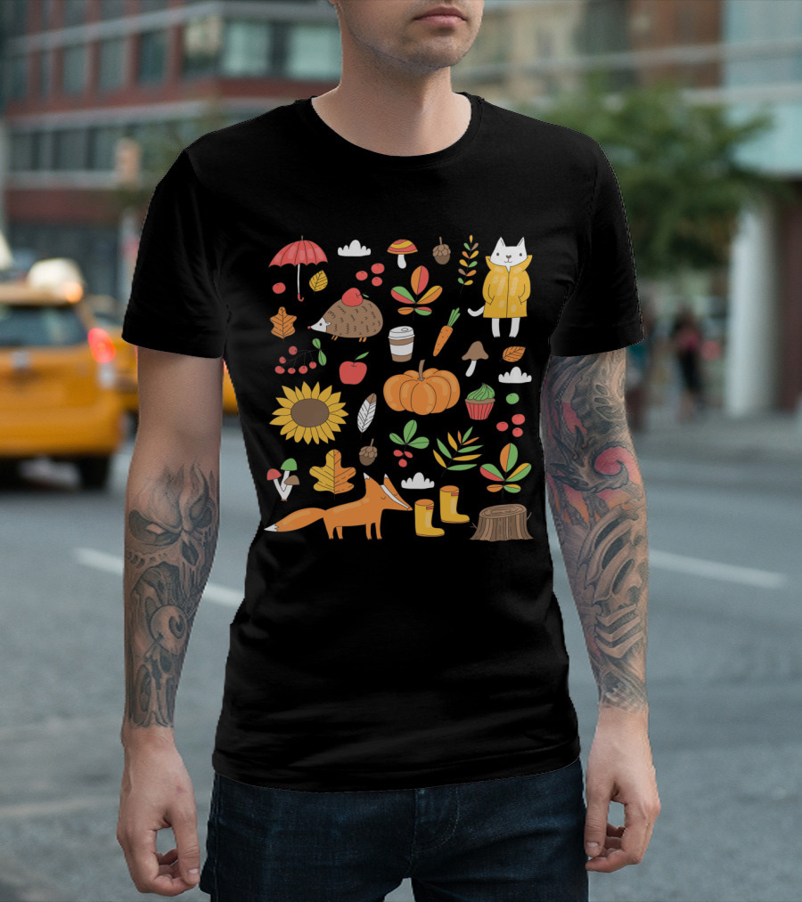 Autumn Fox Pumpkin Sunflower Cat Hedgehog Leafy Mushroom Carrot Umbrella Cupcake Nature Boots T-Shirt