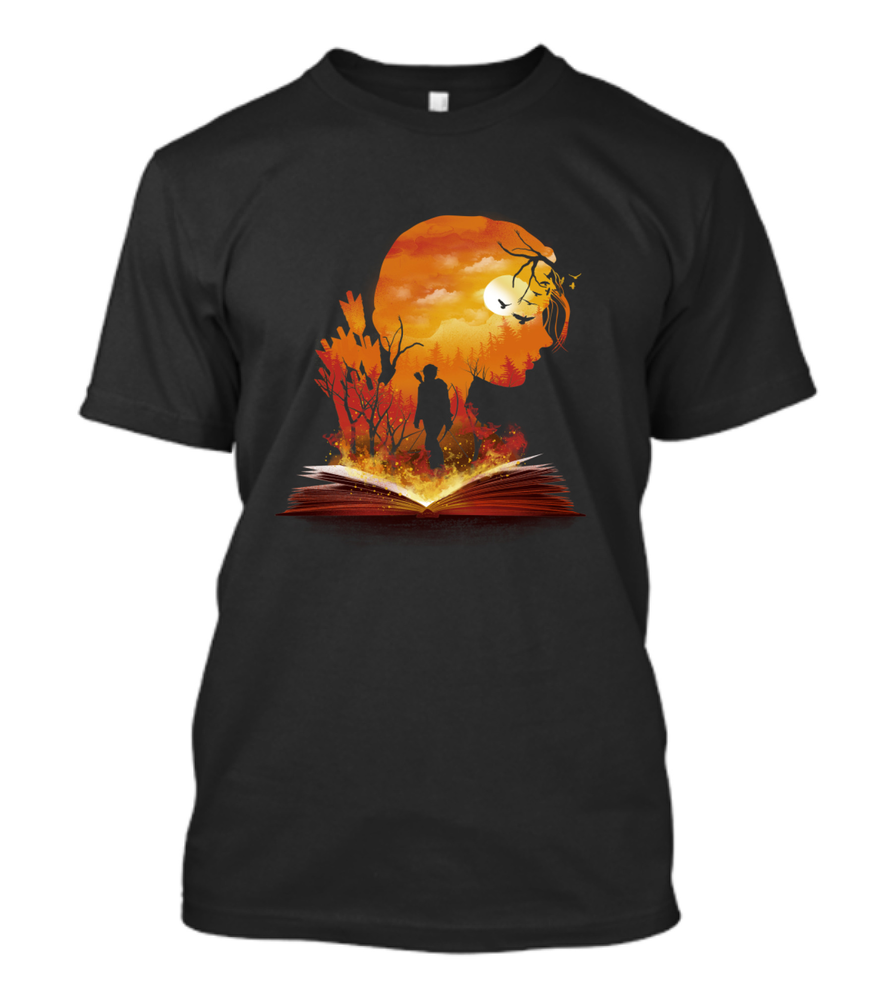 Book Of Dystopia Silhouette With Sunset Forest And Open Book T-Shirt