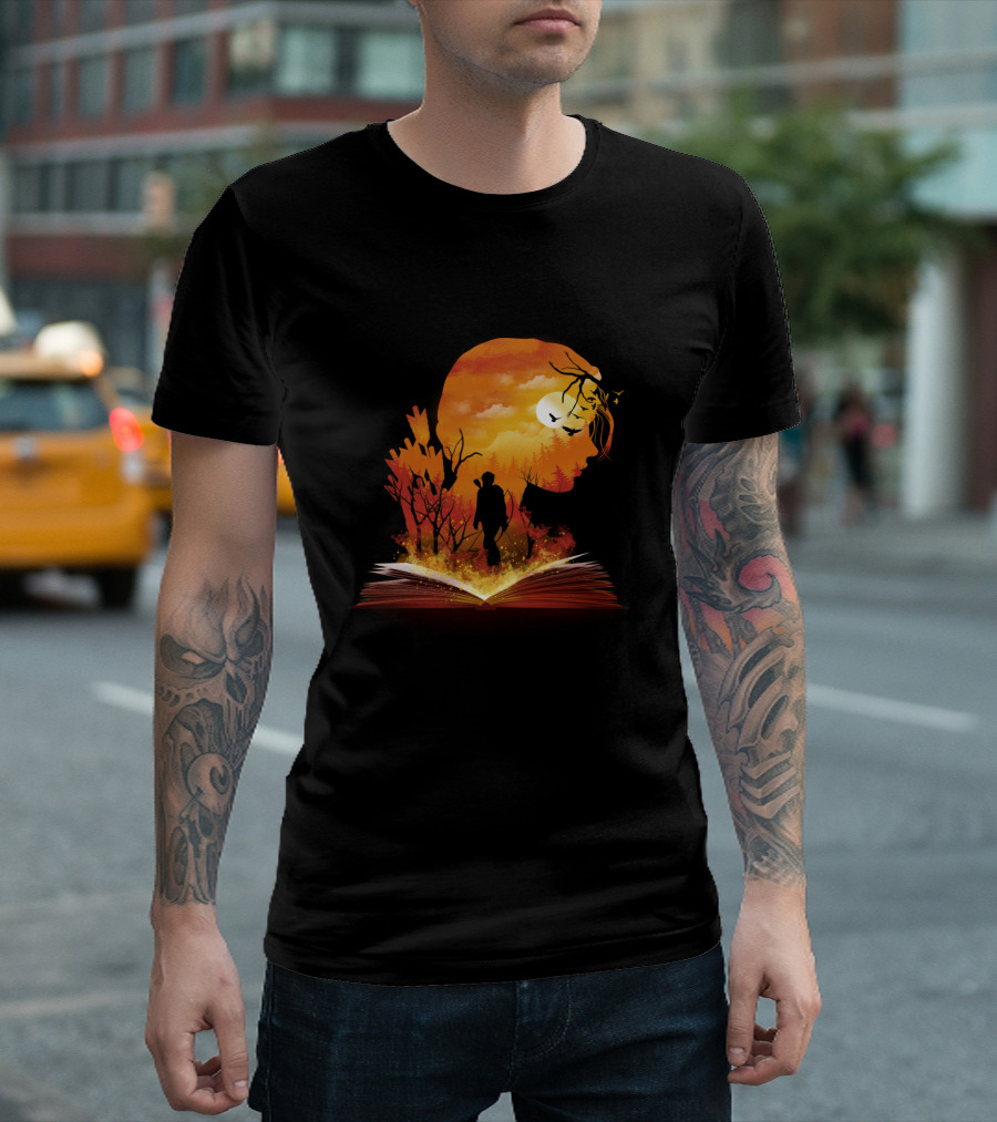 Book Of Dystopia Silhouette With Sunset Forest And Open Book T-Shirt