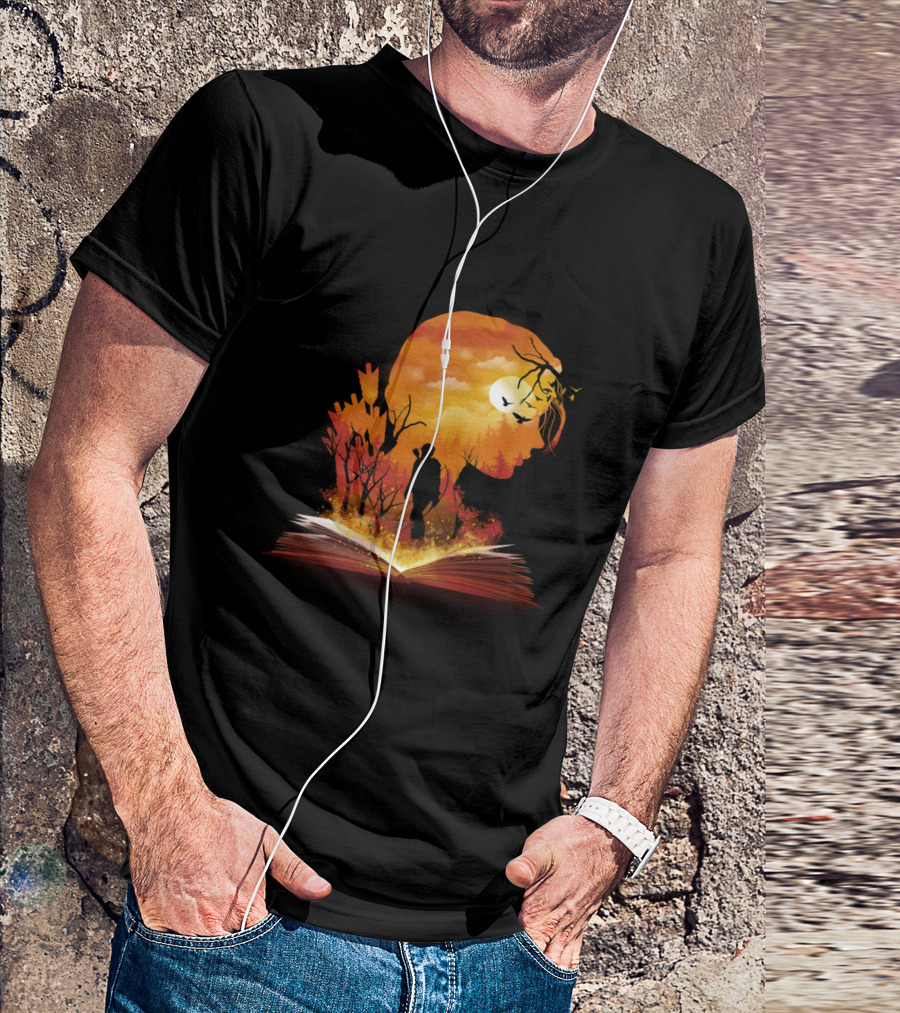 Book Of Dystopia Silhouette With Sunset Forest And Open Book T-Shirt