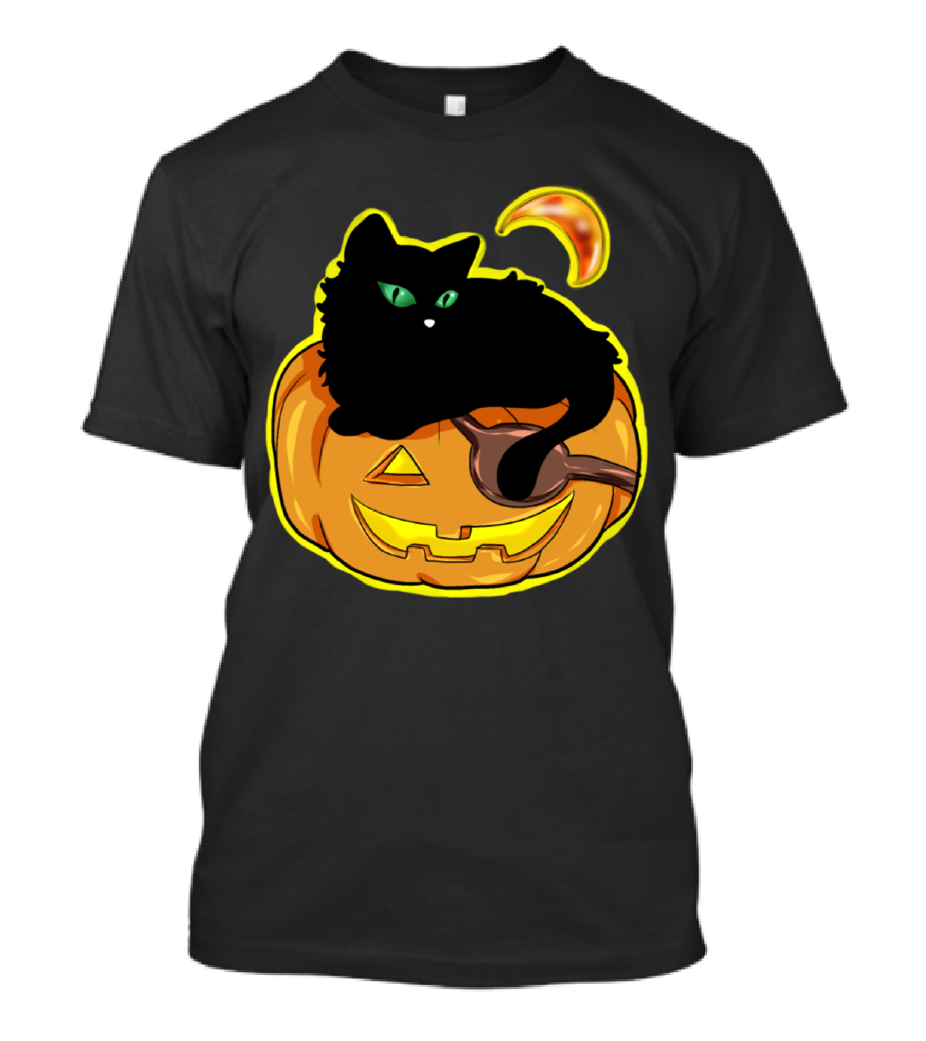 Black Cat On Jack-O'-Lantern With Crescent Moon - Halloween Pumpkin T-Shirt