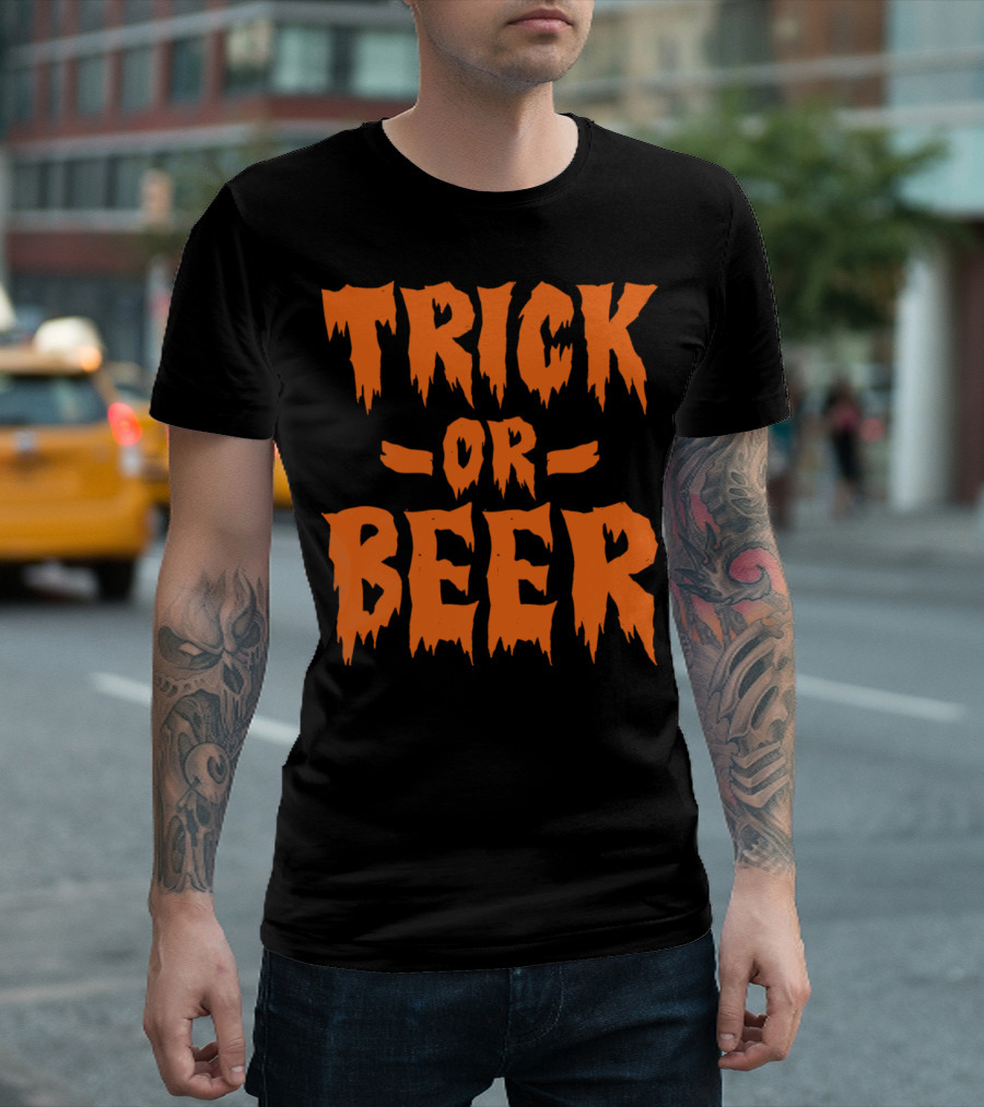 Trick Or Beer Halloween Pumpkin Ghost Spooky Orange Text T-Shirt