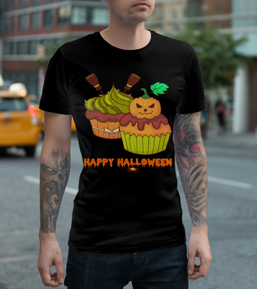 Happy Halloween Horror Cupcakes with Pumpkin and Spider T-Shirt