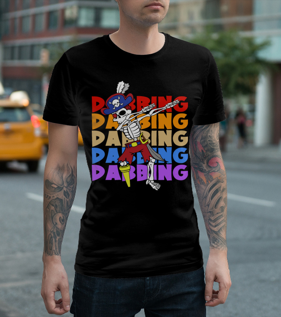 Dabbing Pirate Skeleton with Colorful Text Vintage Halloween Dab Skull T-Shirt
