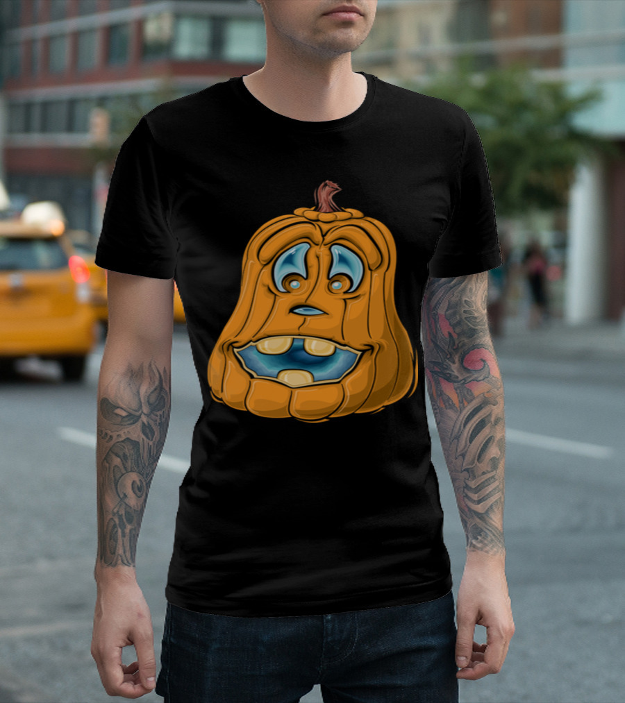 Friendly Pumpkin Cartoon Face with Blue Eyes and Wide Smile T-Shirt
