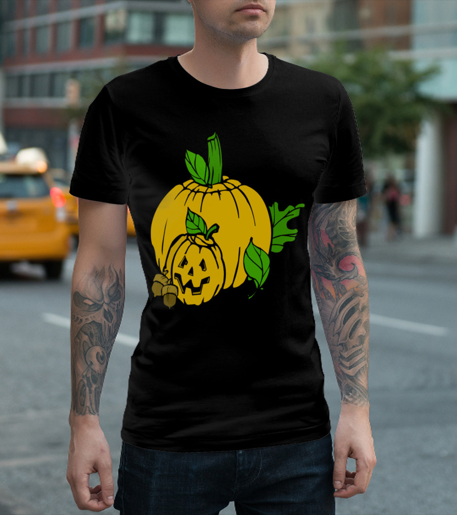 Pumpkins Colour Jack-O'-Lantern Leaves Acorns T-Shirt
