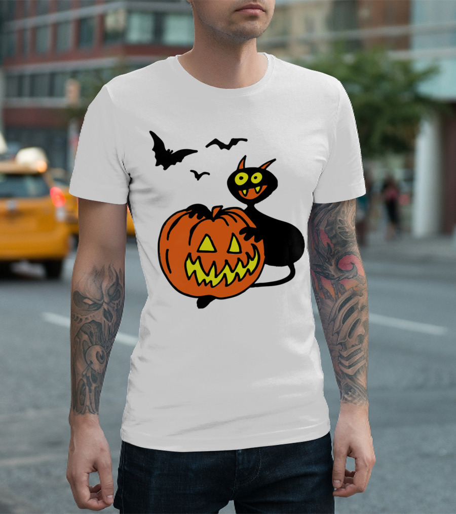Pumpkin Demon with Bats and Black Cat T-Shirt