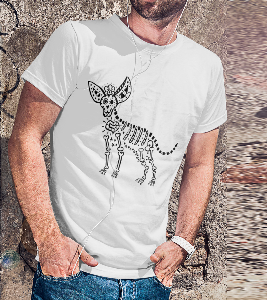 Day Of The Dead Chihuahua Skeleton With Floral And Bone Motif T-Shirt