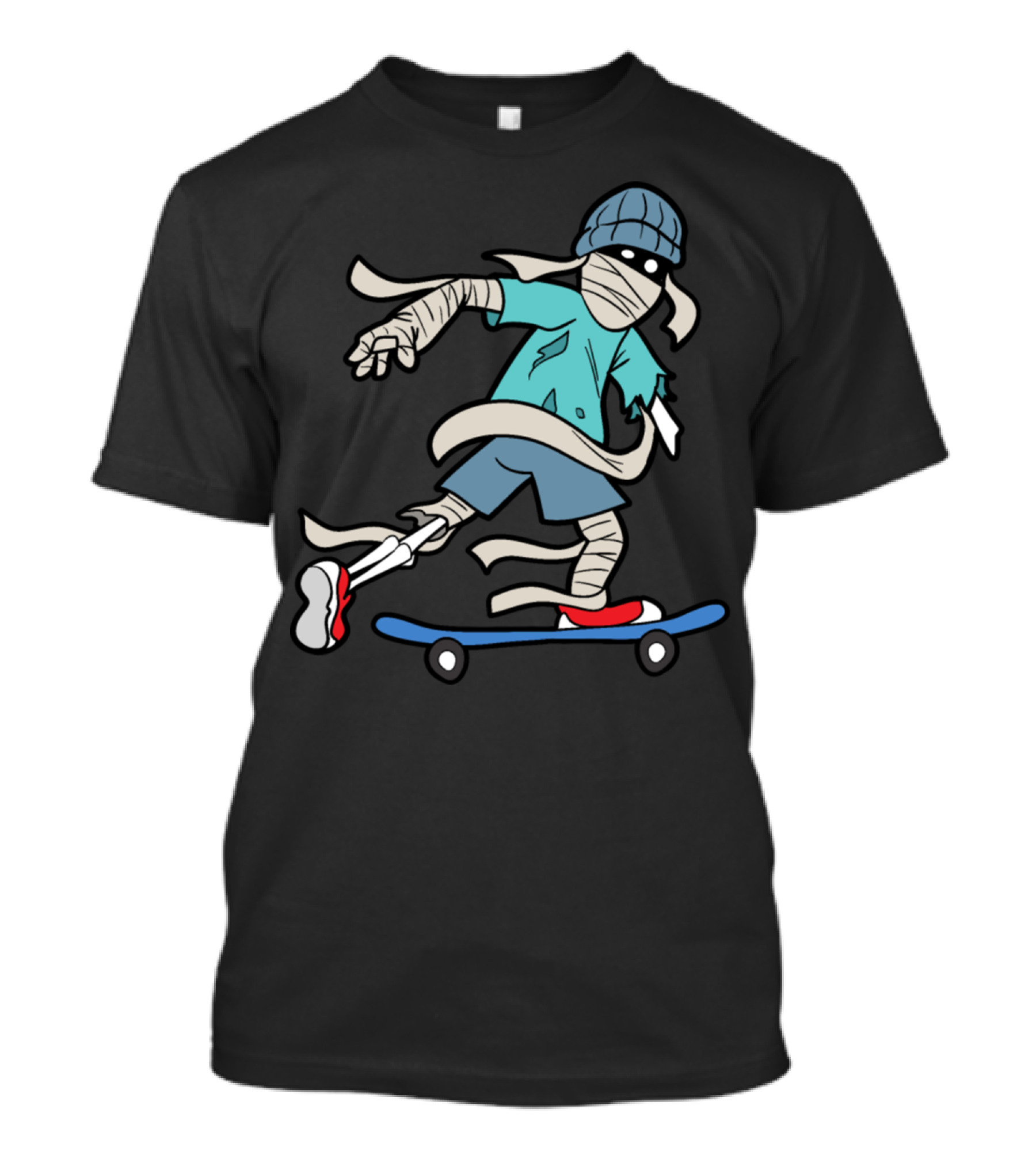 Halloween Skateboarding Skeleton Mummy With Blue Beanie T-Shirt