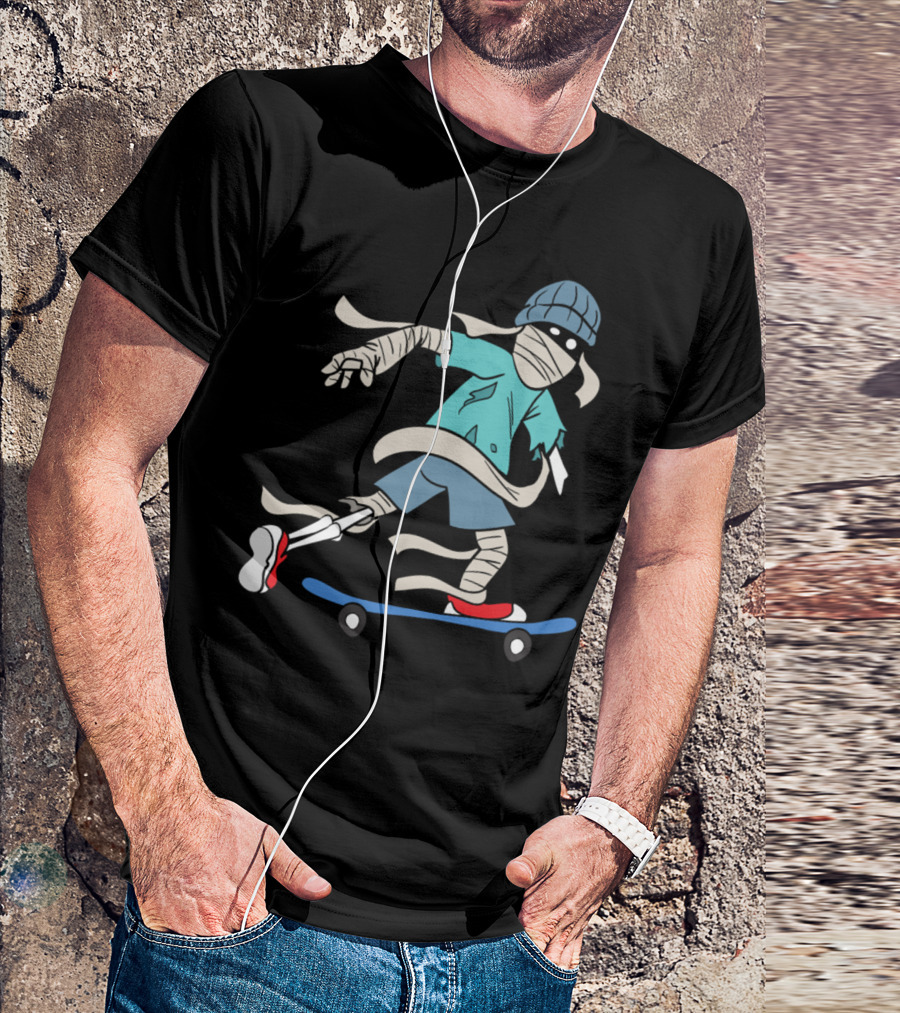 Halloween Skateboarding Skeleton Mummy With Blue Beanie T-Shirt
