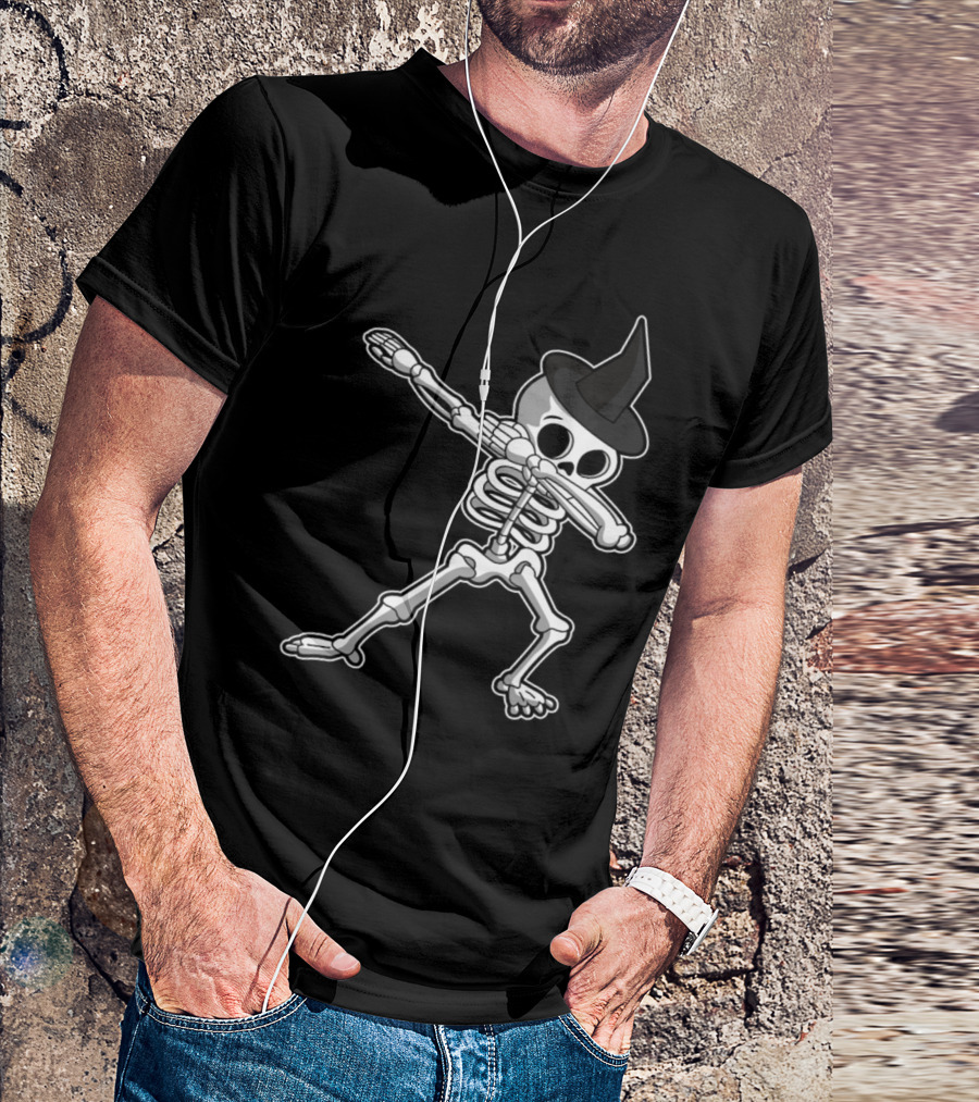 Halloween Skeleton Dabbing Witch Hat T-Shirt