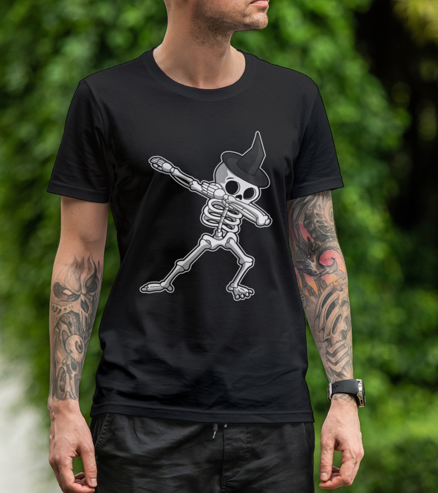 Halloween Skeleton Dabbing Witch Hat T-Shirt