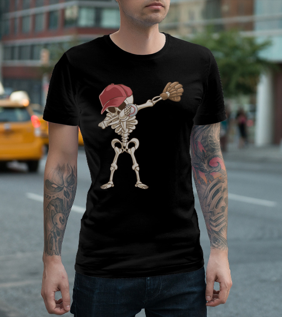 Baseball Skeleton Dab with Red Cap and Glove T-Shirt