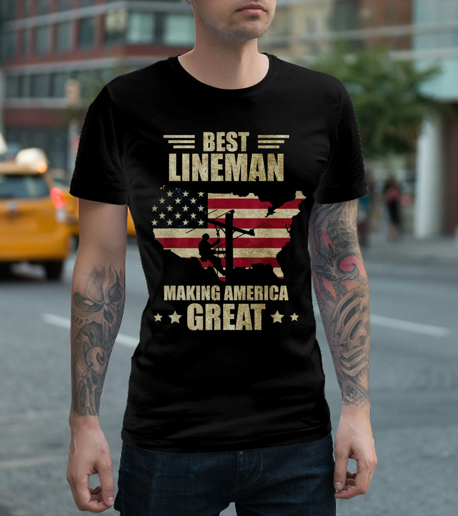 Best Lineman Making America Great Flag Silhouette USA Map T-Shirt