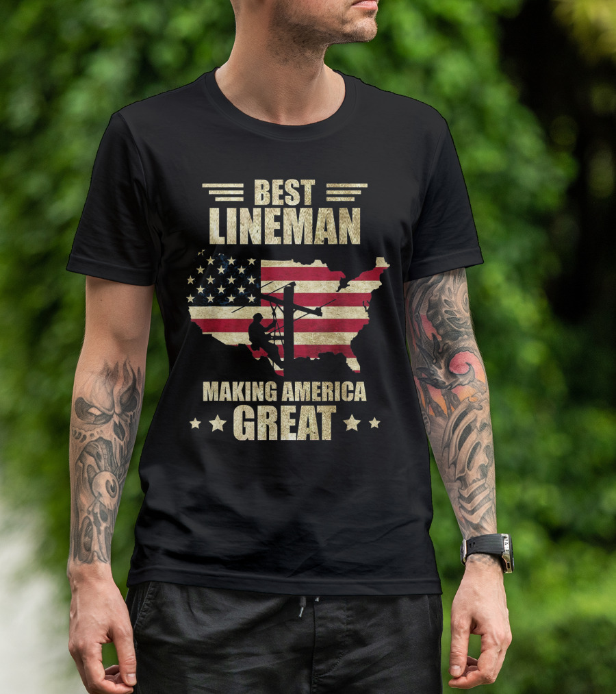 Best Lineman Making America Great Flag Silhouette USA Map T-Shirt