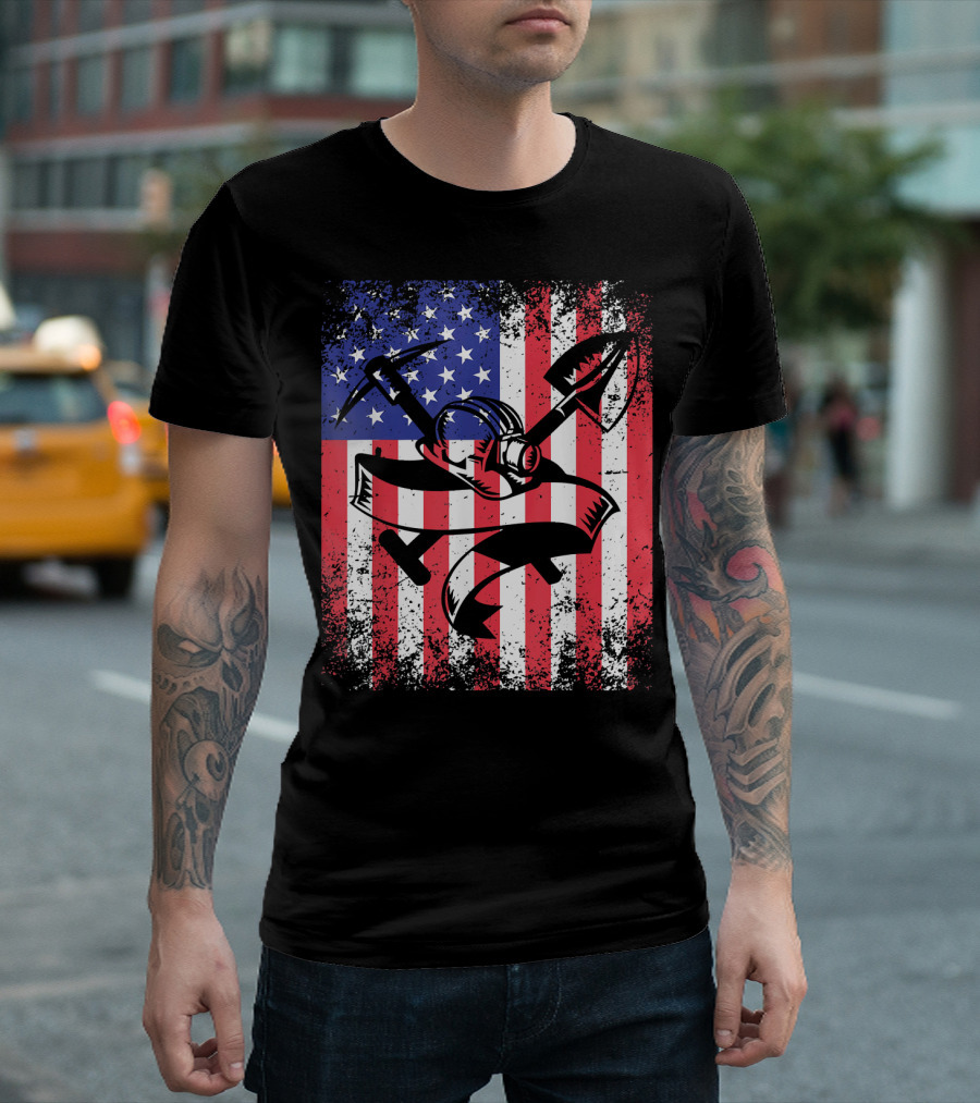 Coal Miner Dad USA Flag Patriotic American Pride Shovel Helmet Pickaxe T-Shirt