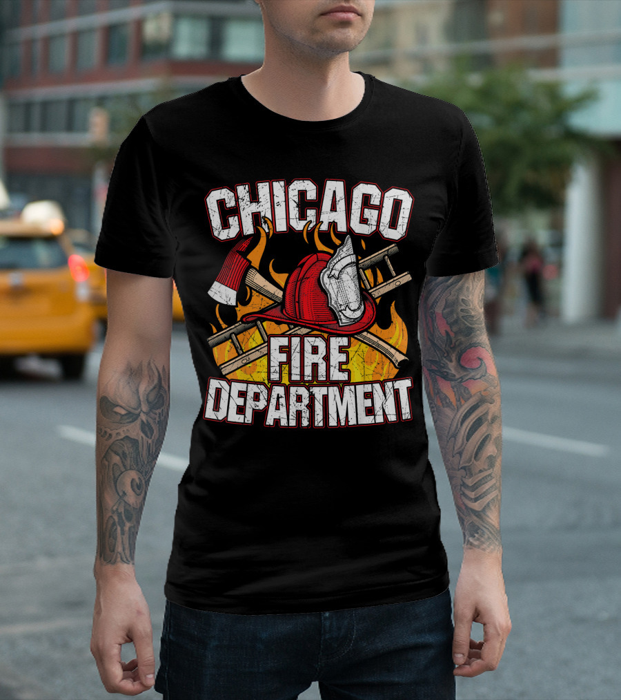 Chicago Fire Department CFD Firefighter Helmet Axe Flames T-Shirt