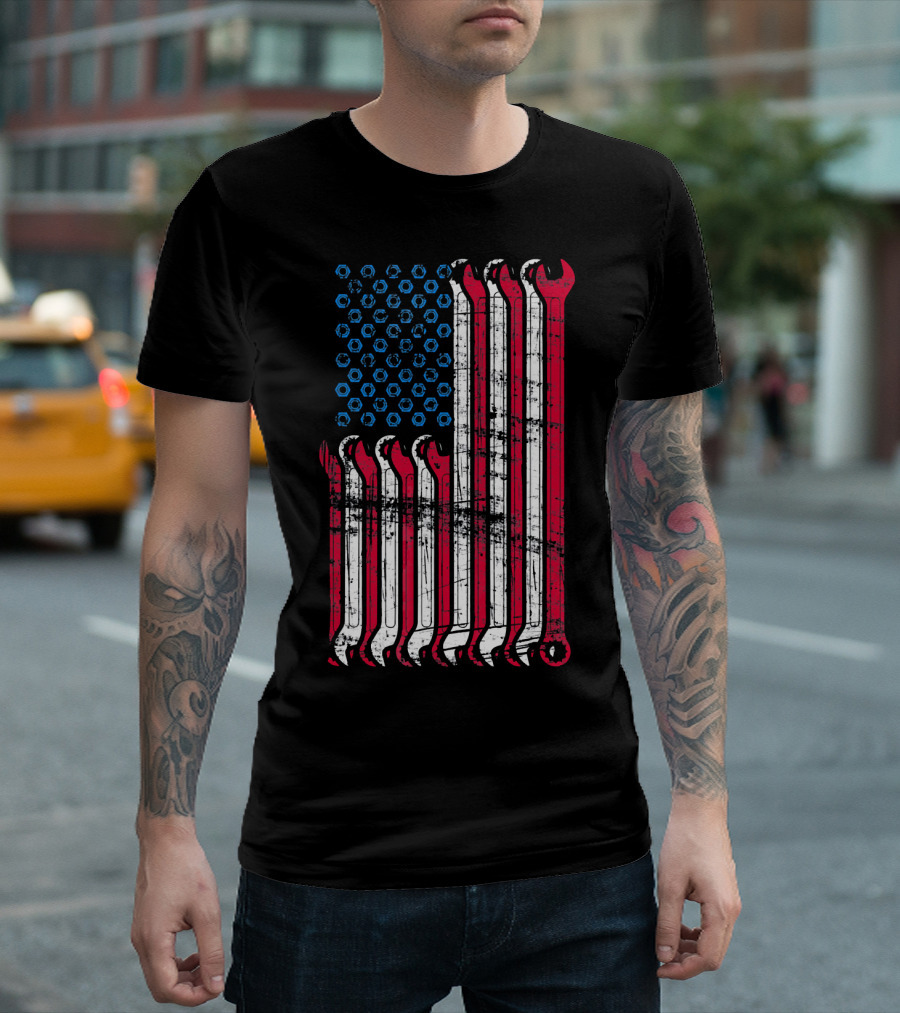 American Flag Mechanic Combination Wrench Design With Patriotic Colors And Textured Look T-Shirt