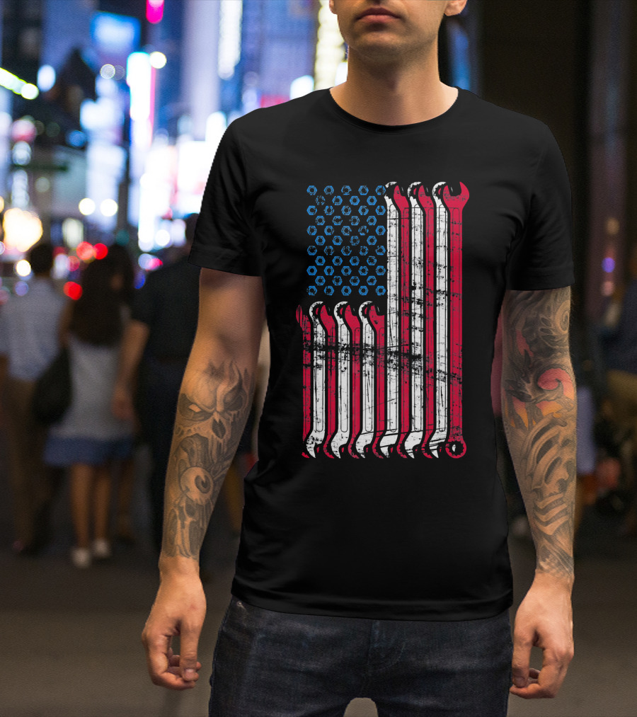 American Flag Mechanic Combination Wrench Design With Patriotic Colors And Textured Look T-Shirt