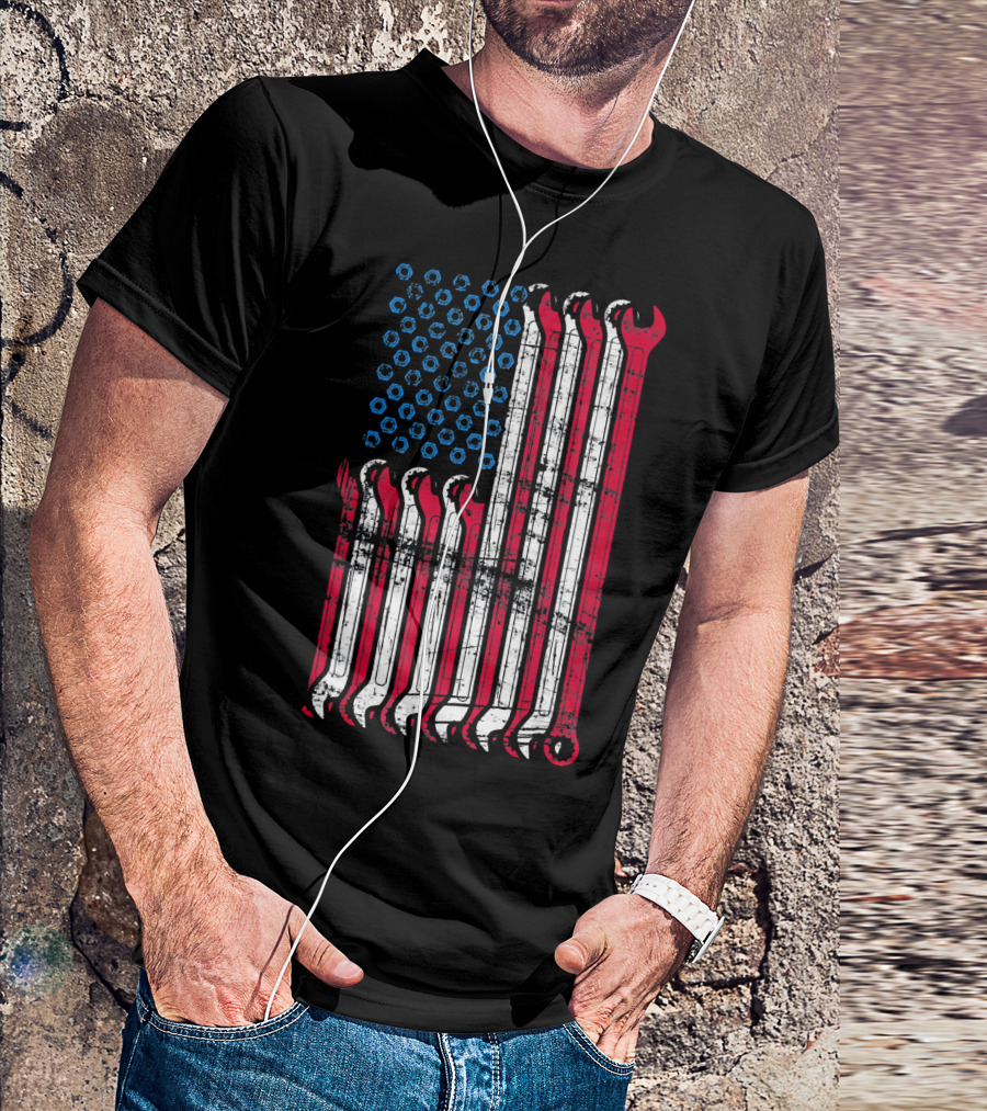 American Flag Mechanic Combination Wrench Design With Patriotic Colors And Textured Look T-Shirt