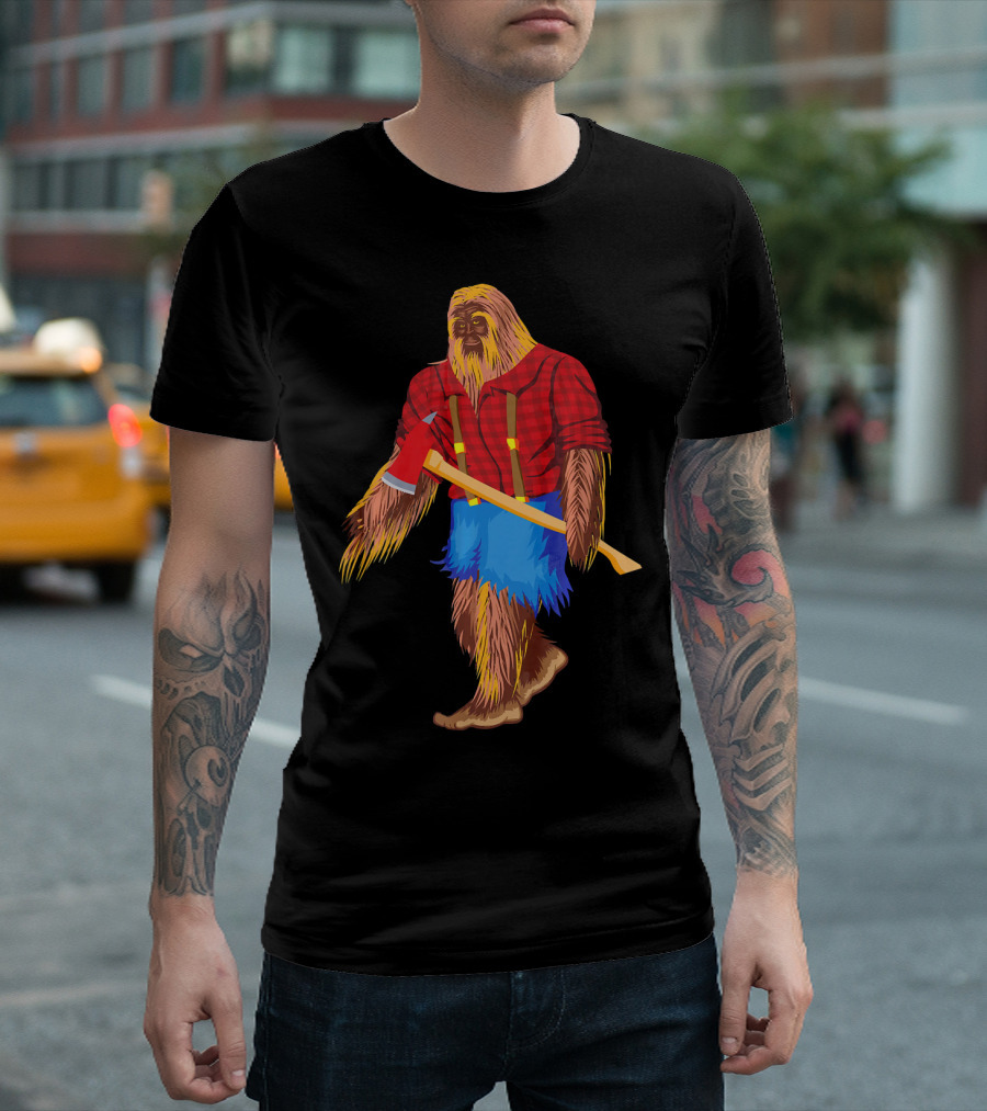 Bigfoot Lumberjack Cool Log Rolling Woo Plaid Shirt Axe Fur Creature T-Shirt