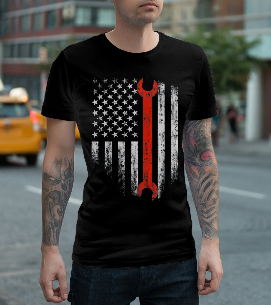 American Flag with Red Mechanic Wrench Patriotic T-Shirt