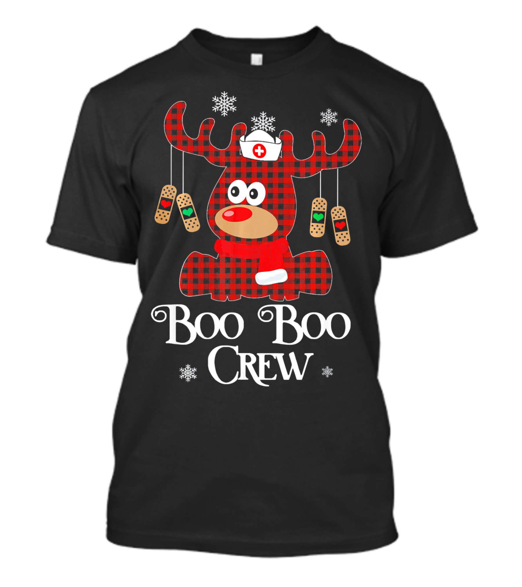 Boo Boo Crew Reindeer Nurse Plaid Bandage Snowflakes T-Shirt
